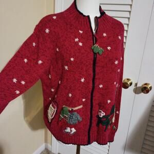 Ugly Christmas Sweater Cardigan Large? 3D Appliques Winter Sceen Snowflakes RED